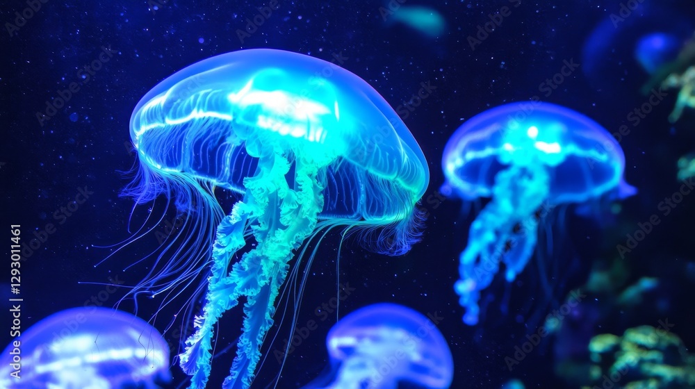 Naklejka premium Glowing blue jellyfish swimming in dark ocean waters, mesmerizing light effect. Underwater marine life and bioluminescence concept