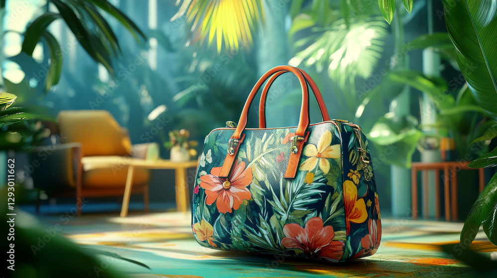 vibrant handbag featuring floral design, set in lush indoor environment with greenery and cozy seating vibrant handbag featuring floral design, set in lush indoor environment with greenery and cozy seating