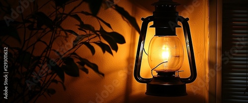 Illuminated kerosene lamp on a wall.