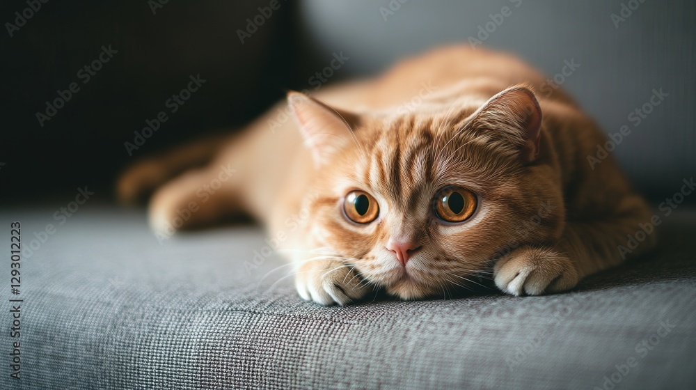 Obraz premium Red Scottish Fold cat rests on a grey sofa, embodying calm and comfort in a serene home setting.