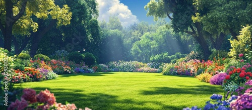Fototapeta Naklejka Na Ścianę i Meble -  Vibrant English garden landscape featuring a lush green lawn surrounded by colorful flower beds under a bright blue sky with fluffy clouds