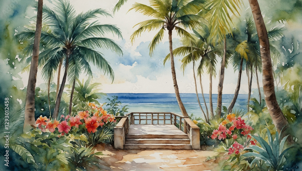 Fototapeta premium Elegant watercolor illustration of a tropical landscape, detailed drawing and soft colors, generative ai