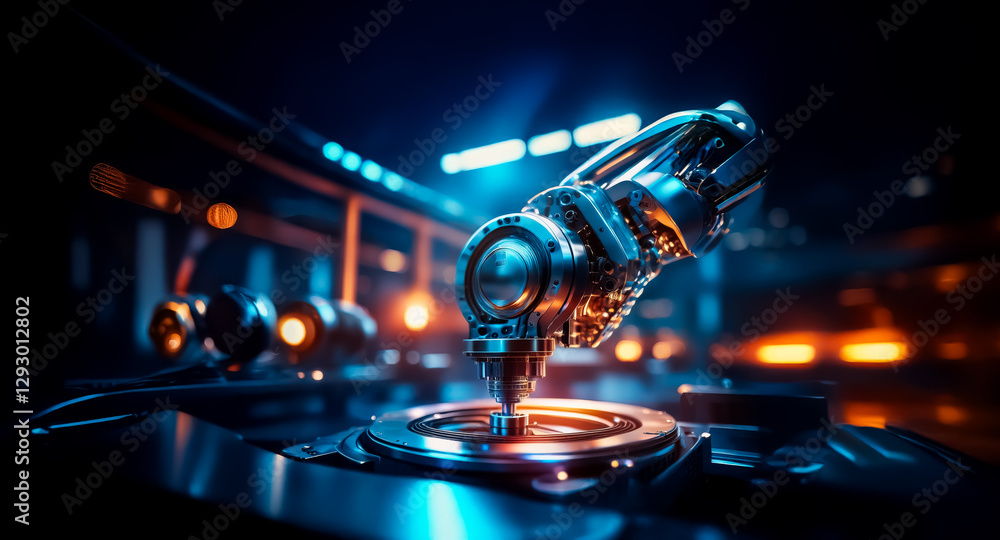 A metallic robotic arm with a drill bit poised above a circular platform in an industrial setting. The background is dark and blurry with soft, glowing lights. A metallic robotic arm with a drill bit poised above a circular platform in an industrial setting. The background is dark and blurry with soft, glowing lights.