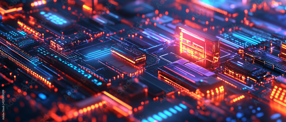 vibrant digital circuit board with glowing blue and orange lights, showcasing intricate patterns and technology vibrant digital circuit board with glowing blue and orange lights, showcasing intricate patterns and technology