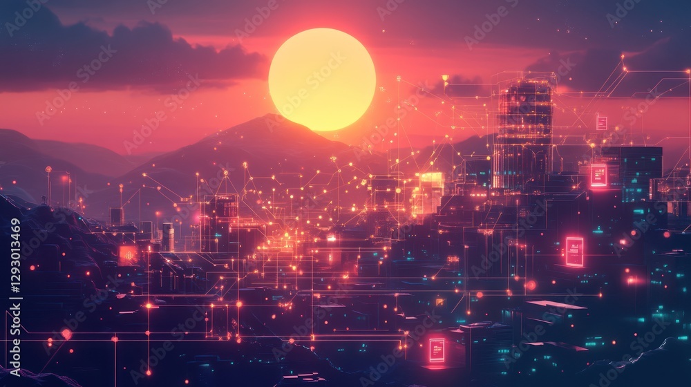 Fototapeta premium Sunset over futuristic city, digital network, mountain background; tech concept