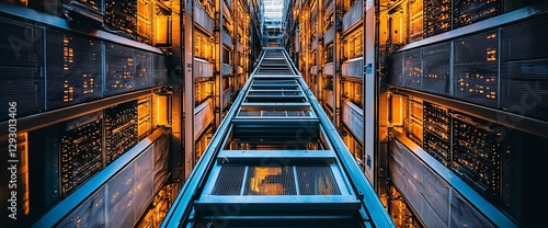 Illuminated server room interior with a central lift shaft.