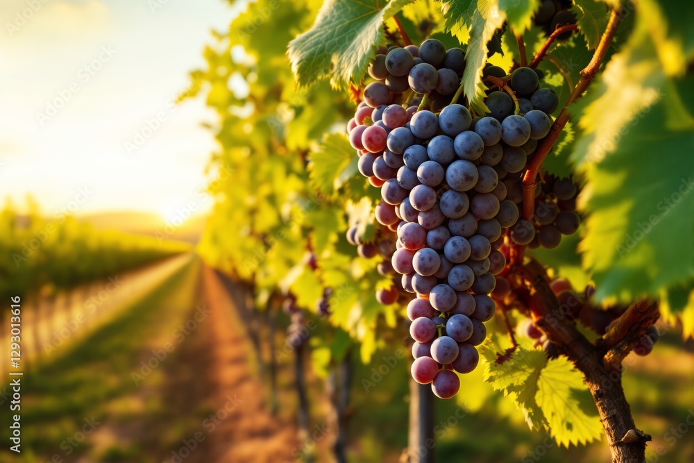 Fototapeta premium Close-up of ripe grape bunch in vineyard with sunlight streaming through leaves.