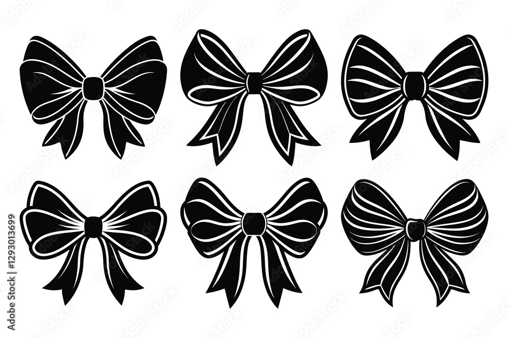 Fototapeta premium Black and white bow tie ribbons silhouette isolated on white background