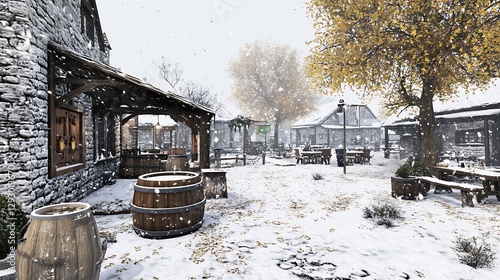 Snowy medieval village tavern scene, snowfall, outdoor, daytime
