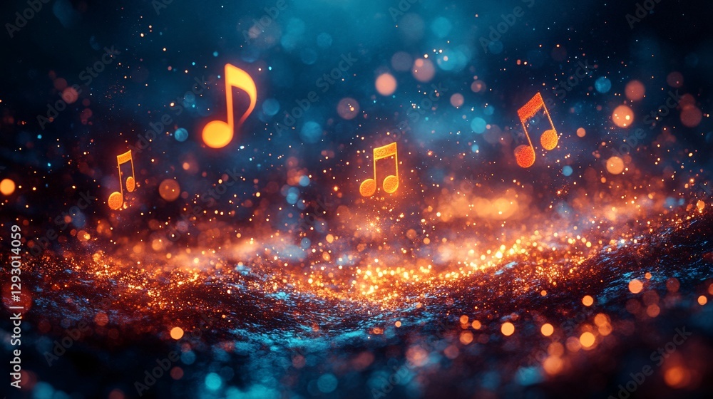 Fototapeta premium Musical notes dancing amidst sparkling lights abstract visualization digital art enchanting atmosphere