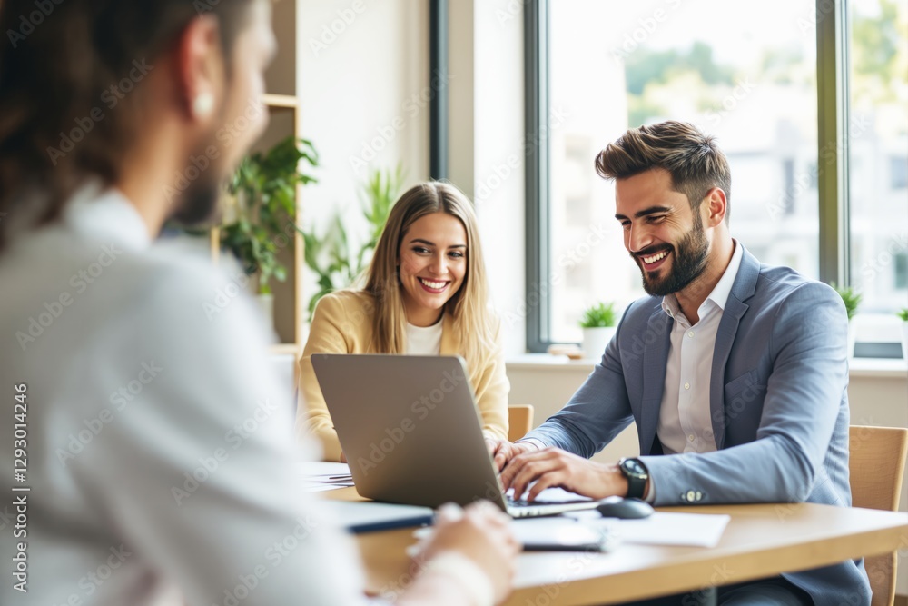 Professionals in a business meeting discussing work at a modern office with natural light. Professionals in a business meeting discussing work at a modern office with natural light.