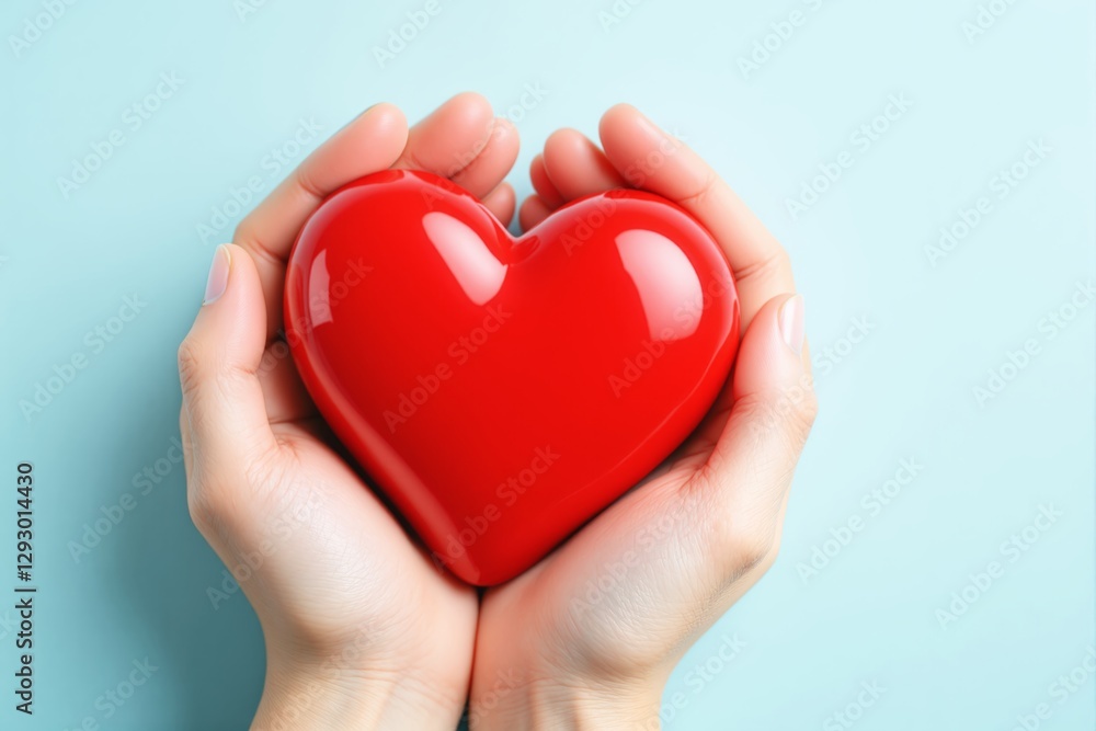 Hands holding a glossy red heart on a light blue background. Hands holding a glossy red heart on a light blue background.