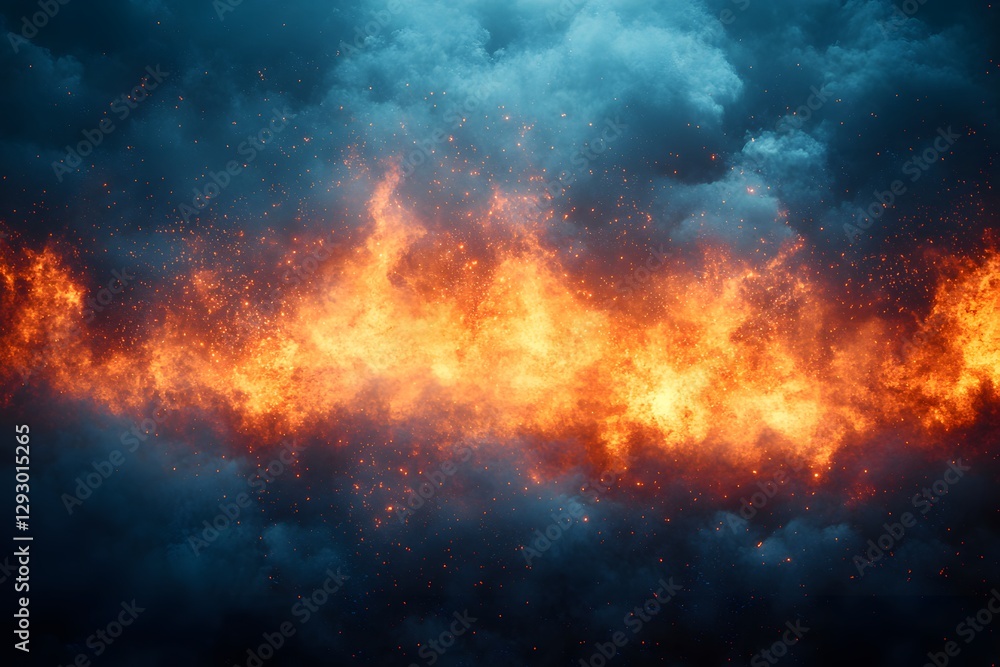 Intense Fire Burst Against Dark Clouds for Dramatic Background or Design Intense Fire Burst Against Dark Clouds for Dramatic Background or Design
