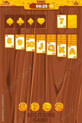 Playing solitaire game UI in Cheese themed, buttons for your Game development. Solitaire Gameplay Screen. Wooden table or background