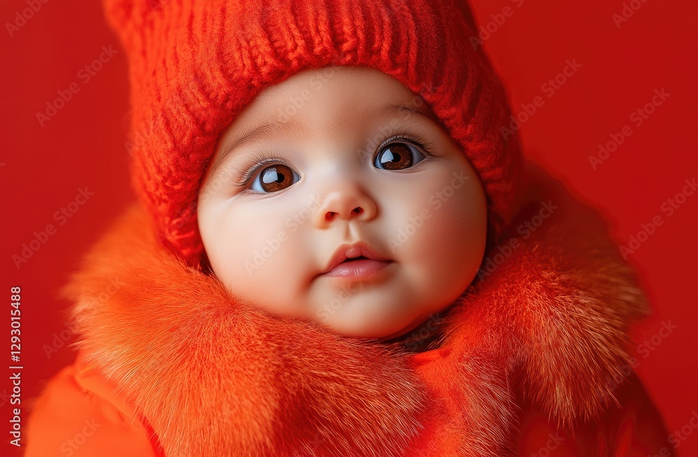 A cute baby in a red fur coat with big eyes, wrapped up for the winter, Chinese New Year theme A cute baby in a red fur coat with big eyes, wrapped up for the winter, Chinese New Year theme