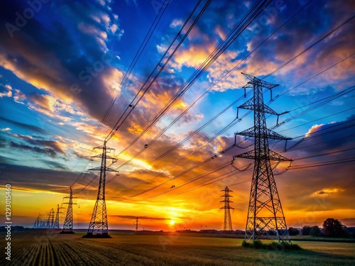 Dramatic Silhouettes of Power Lines Across Flat Landscape Under Vast Blue Sky - Stock Photo