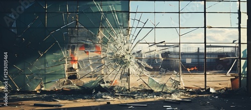 Wallpaper Mural Industrial warehouse scene featuring shattered glass debris in foreground with a blurred urban backdrop under bright blue sky and sunlight. Torontodigital.ca