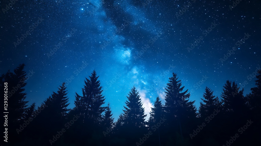 The deep night sky above tall evergreen trees and stars The deep night sky above tall evergreen trees and stars