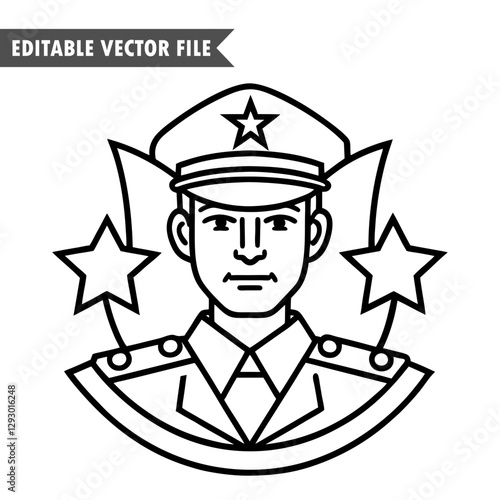 Editable Vector Illustration of a Military Officer, Black and White Army Soldier Icon with Stars