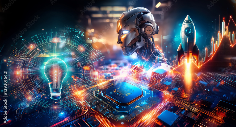Futuristic cyborg head with glowing circuits, light bulb, rocket, and digital graphs. Illuminated technology and innovation concept. Futuristic cyborg head with glowing circuits, light bulb, rocket, and digital graphs. Illuminated technology and innovation concept.