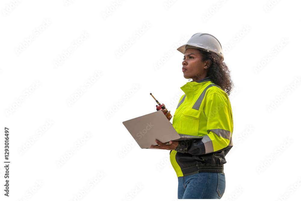 Engineer or worker against white backdrop clipping path interaction and safety gear teamwork, communication an industrial or construction setting workplace collaboration in an industrial environment. Engineer or worker against white backdrop clipping path interaction and safety gear teamwork, communication an industrial or construction setting workplace collaboration in an industrial environment.