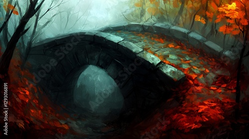 Stone Bridge in a Foggy Autumn Forest