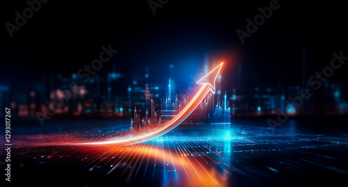 Wallpaper Mural Glowing orange arrow points upward over a futuristic digital cityscape with blue and black hues. Light trails suggest motion and advancement. Torontodigital.ca