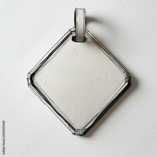 a delicate, intricately illustrated diamond-shaped luggage tag with rough, expressive lines and subtle texture, rendered in a whimsical hand-sketched style, set against a crisp, pure white background 
