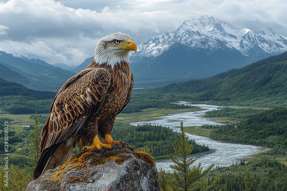 Fototapeta premium Bald Eagle's Majesty, A Vista of Mountainous Wilderness and Natural River