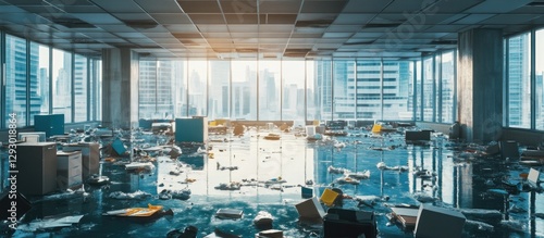 Wallpaper Mural Abandoned office space filled with debris including plastic waste showcasing pollution impact on water systems under bright natural light from windows Torontodigital.ca