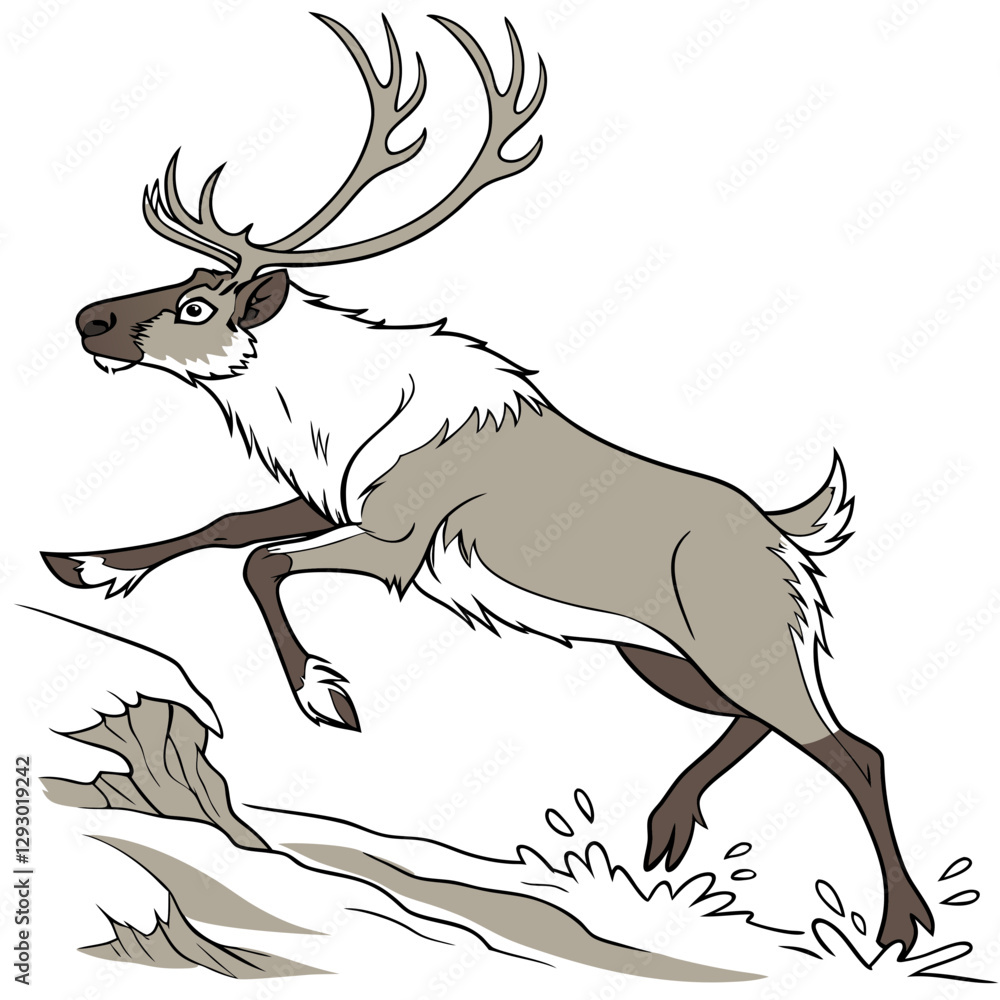 Obraz premium Realistic image of a reindeer jumping over a canal with a white background.