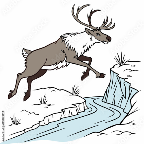 Realistic image of a reindeer jumping over a canal with a white background."