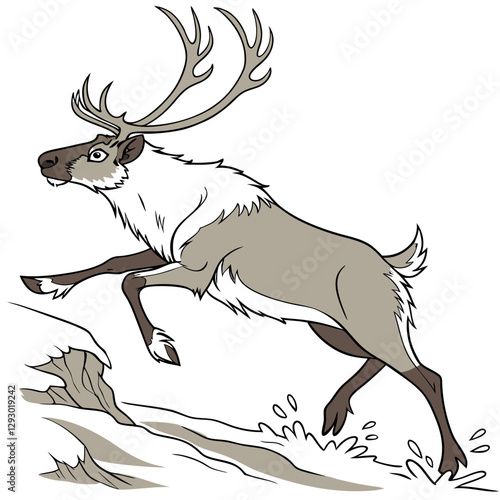 Realistic image of a reindeer jumping over a canal with a white background."
