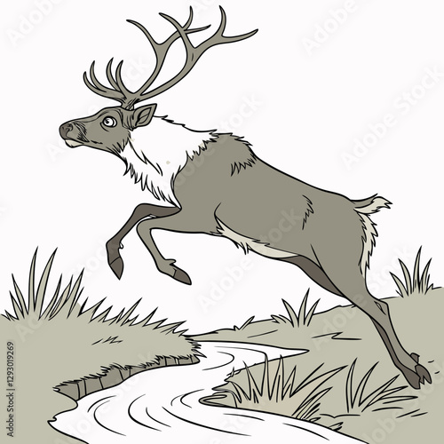 Realistic image of a reindeer jumping over a canal with a white background."