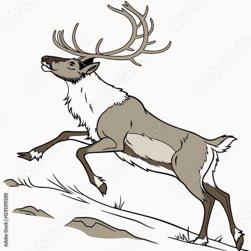 Realistic image of a reindeer jumping over a canal with a white background."