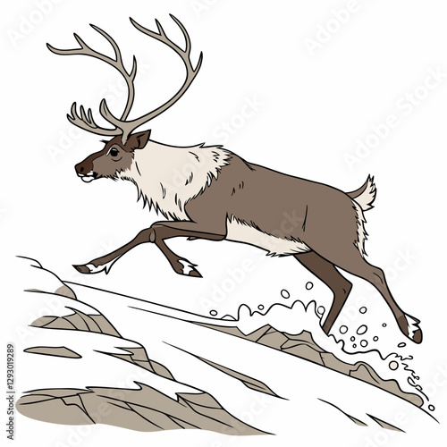 Realistic image of a reindeer jumping over a canal with a white background."