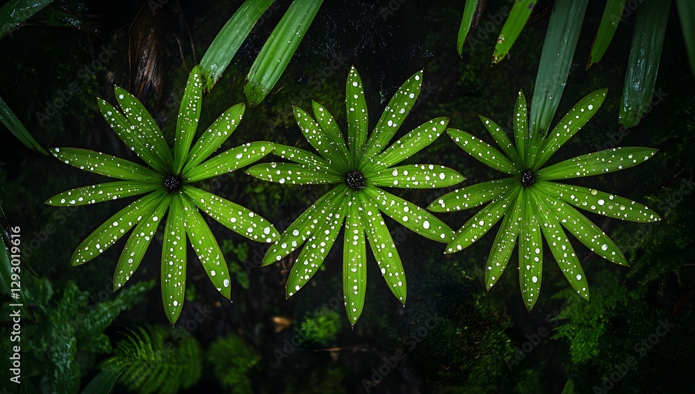 Obraz premium Tropical rainforest plants, vibrant green leaves, patterned foliage, wet forest floor