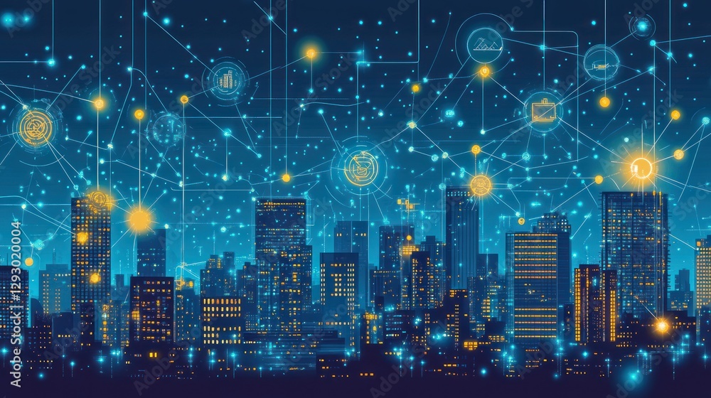 Fototapeta premium Smart city at night, network connections, data flow, urban landscape, technology background