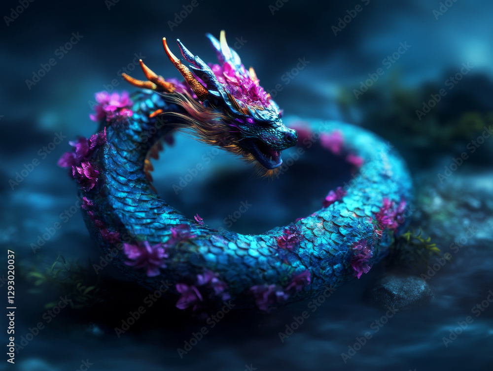 Obraz premium vibrant dragon creature adorned with colorful flowers, coiled gracefully in mystical setting