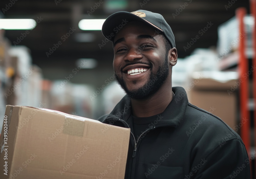 portrait of smiling black man worker in warehouse holding cardboard box with goods portrait of smiling black man worker in warehouse holding cardboard box with goods