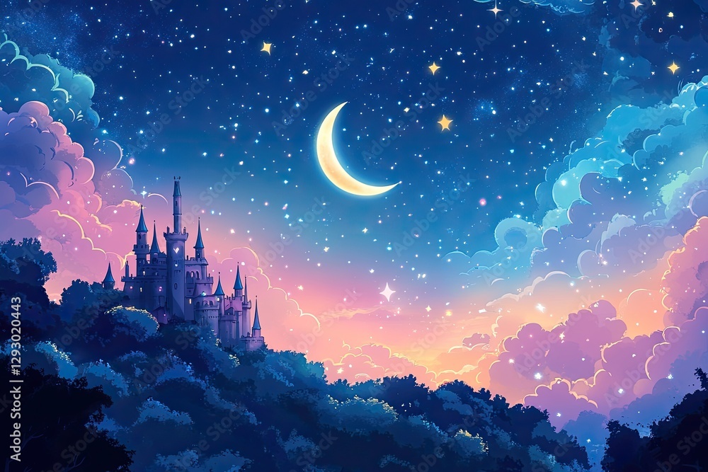 Naklejka premium Magical castle at night, starry sky, dreamy clouds