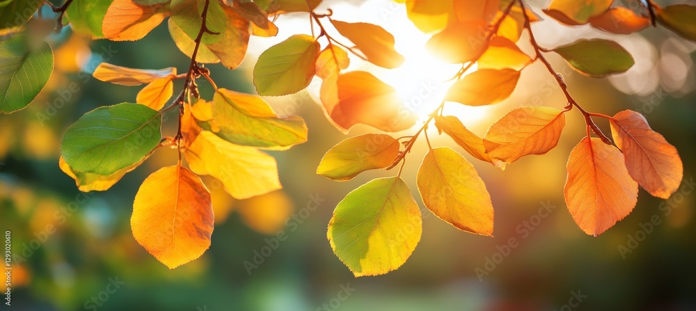 Fototapeta premium Autumn leaves in shades of orange and gold are juxtaposed against a blurred park landscape, illuminated by sunlight and showcasing a stunning bokeh, forming a natural background for the season
