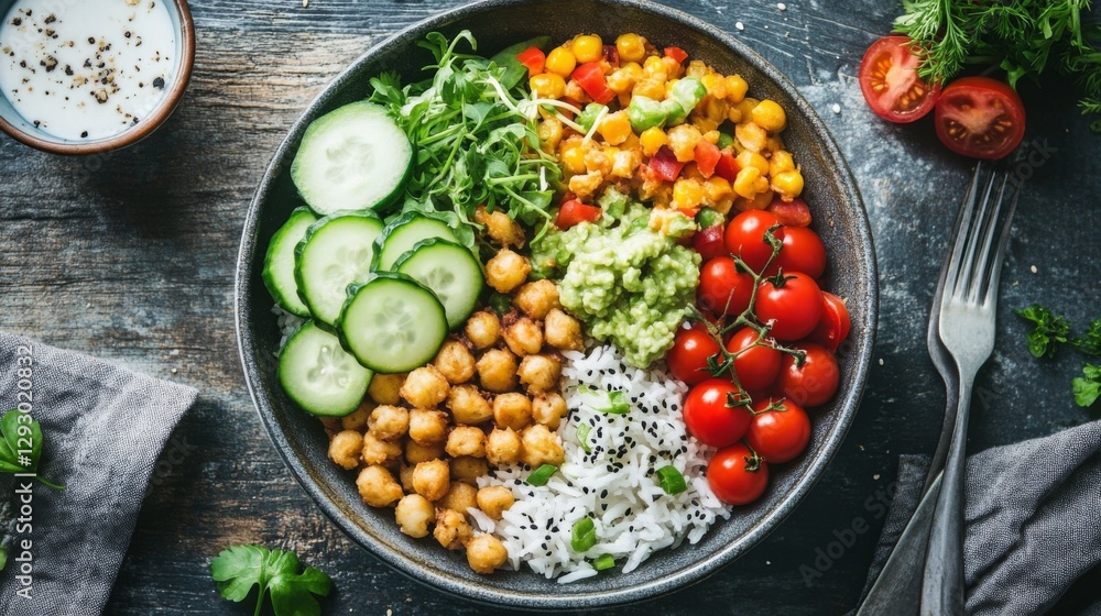 A beautiful overhead view of a bowl of fried rice with various toppings, including sliced cucumber and tomatoes, creating a colorful and inviting composition. A beautiful overhead view of a bowl of fried rice with various toppings, including sliced cucumber and tomatoes, creating a colorful and inviting composition.