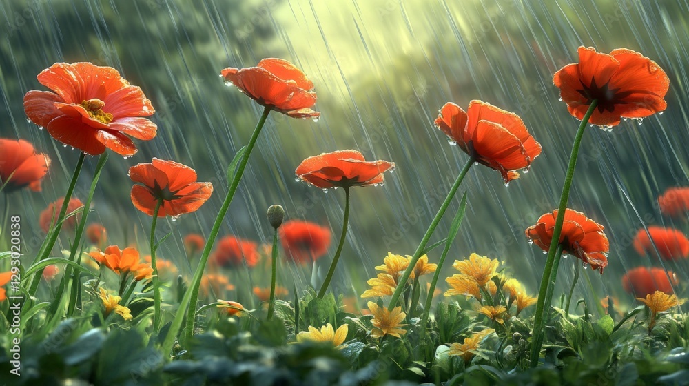 Obraz premium A breathtaking image of wildflowers in a field after rain, glistening with droplets of water, capturing the freshness and beauty of nature in a soft-focus background.