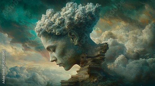 Stone Head Sculpture Amidst Dramatic Cloudscape