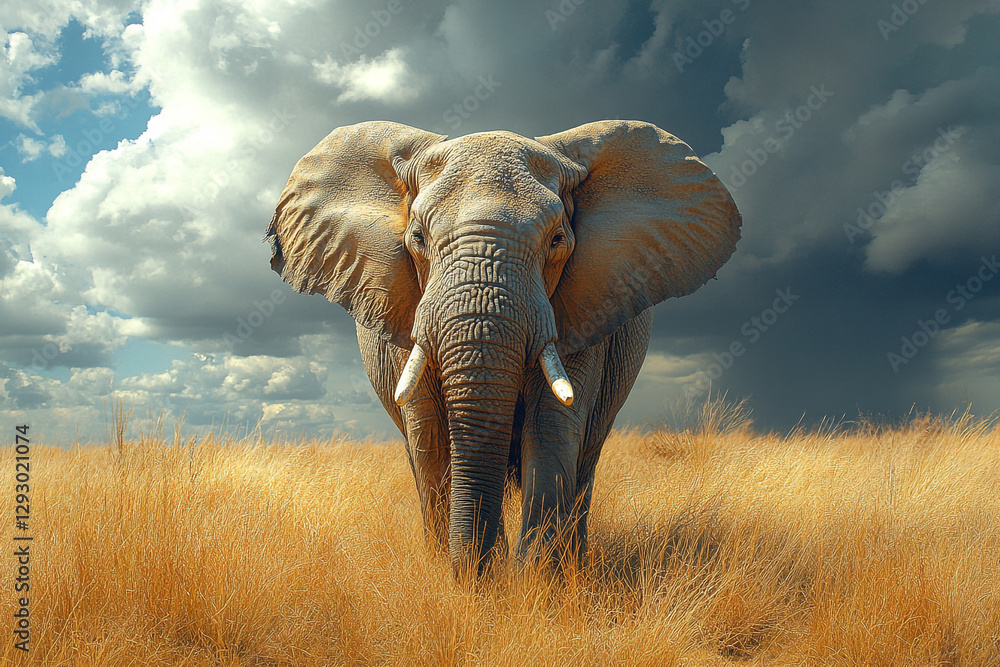 Naklejka premium Majestic elephant emerges on a golden meadow under dramatic skies