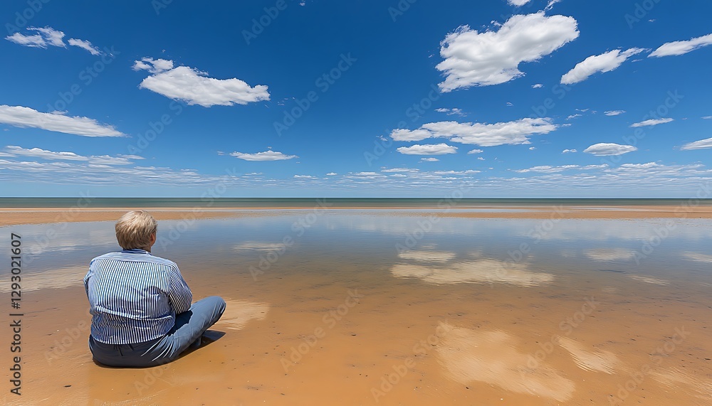 Contemplative beach serenity, sky reflection Contemplative beach serenity, sky reflection