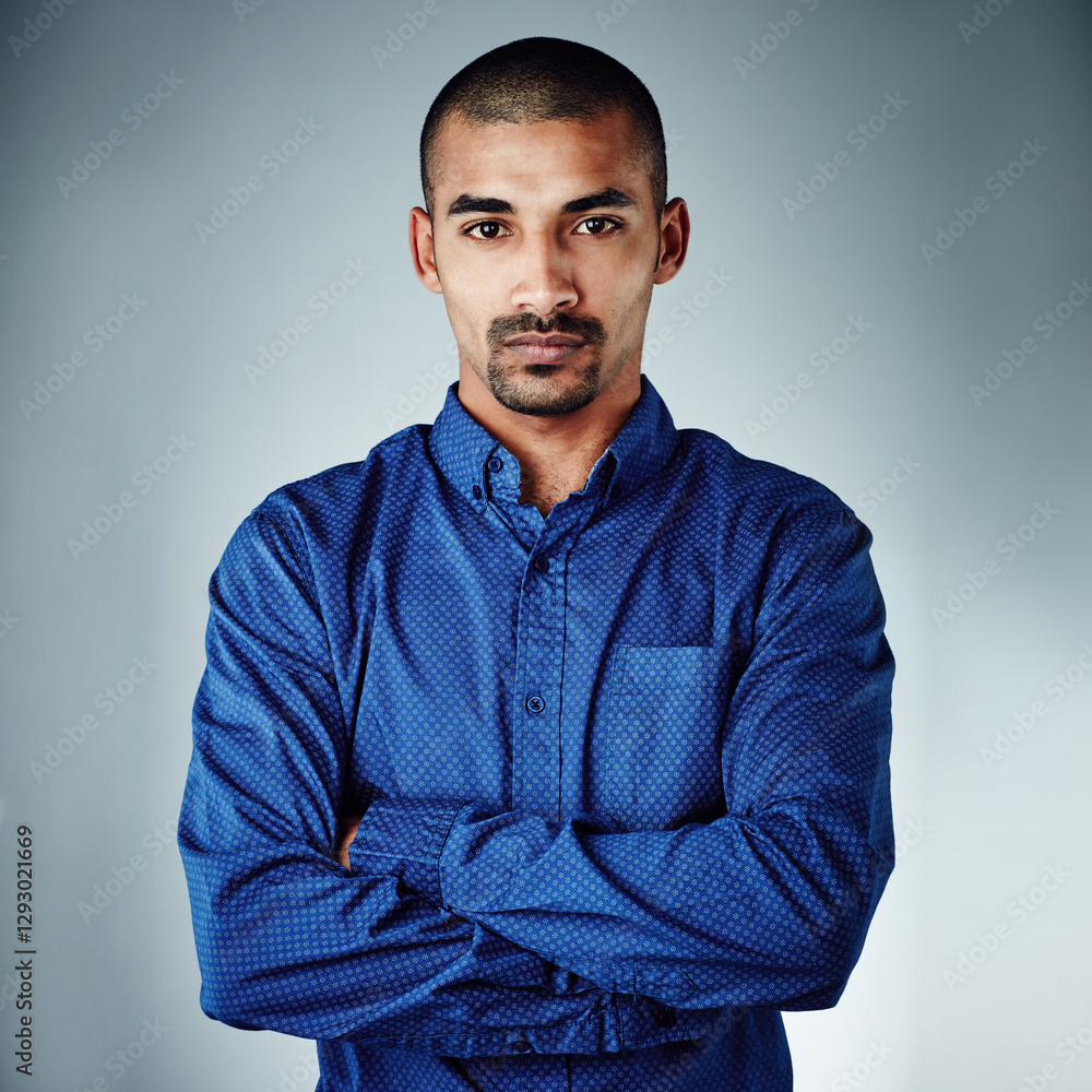 Obraz premium Arms crossed, professional and portrait of business man for advertising director, pride and creative. Marketing manager, advisor and consultant with person on white background in studio for career