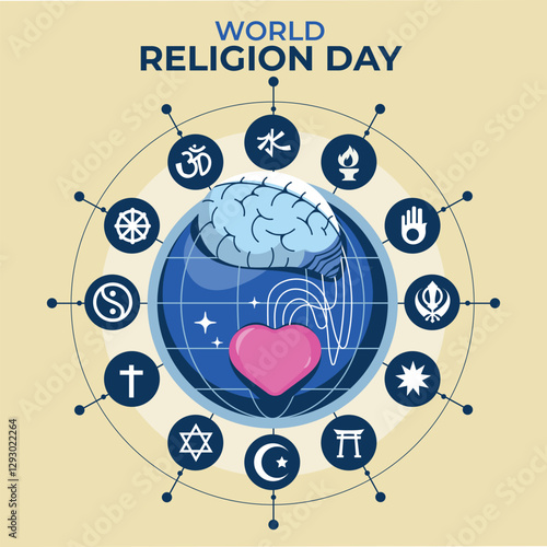 World religion day poster design with globe and all round  religion symbol in the world