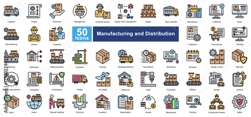 Manufacturing and Distribution icon set in Flat Line style, covering logistics, supply chain, production, and shipping. Perfect for industry, warehouses, and business operations.